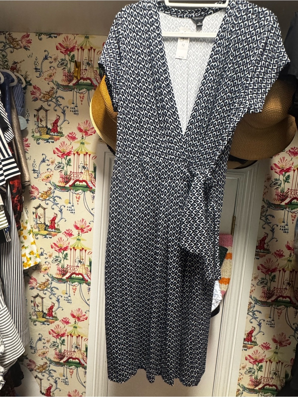 Ann Taylor Navy and White Geometric Midi Wrap Dress